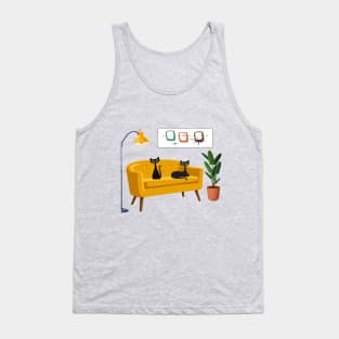 Mid Century Cats on Yellow Retro Sofa Tank Top